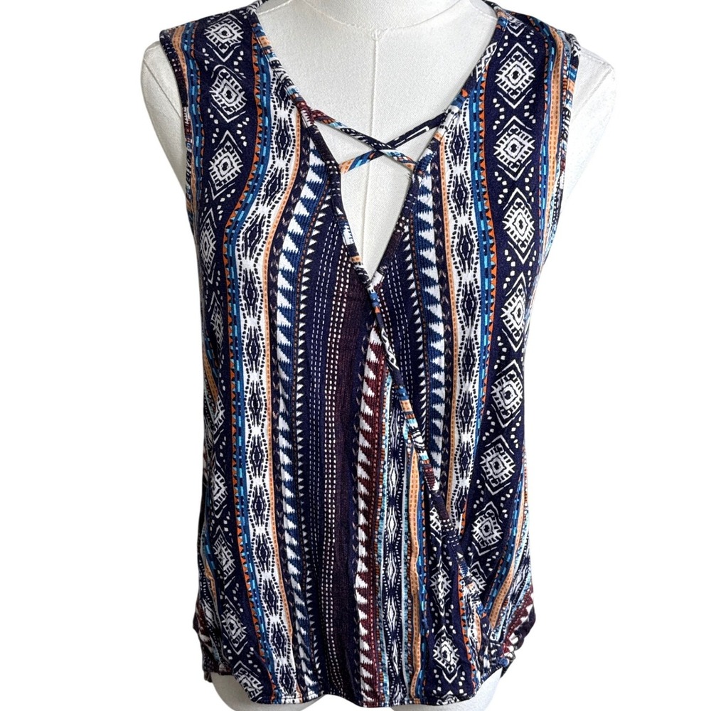 Bobeau Womens Tribal Geometric Print Strappy V-Neck Faux Wrap Tank Top Small